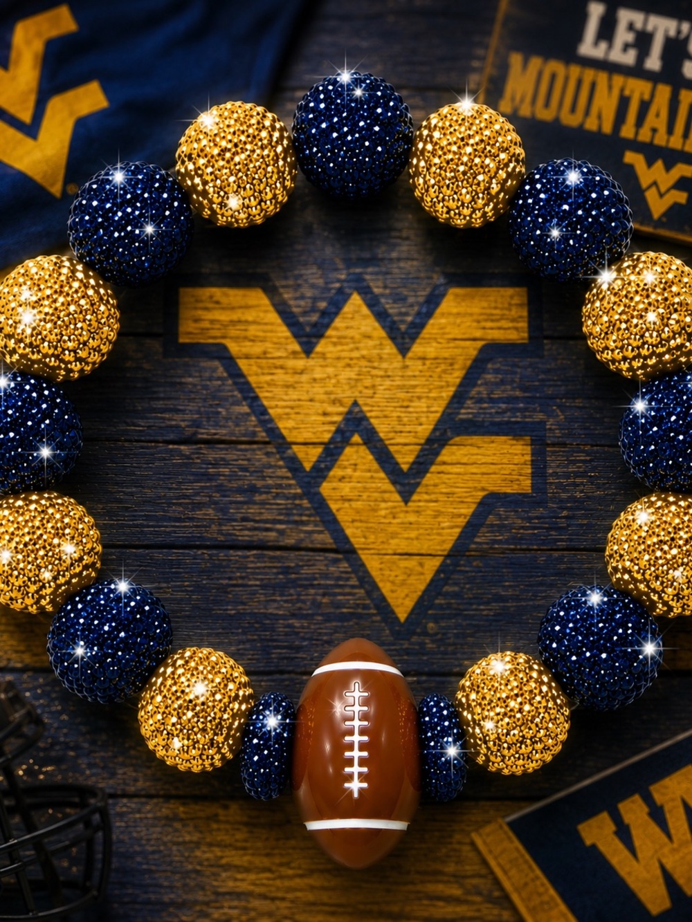 WVU Gold & Navy Rhinestone Football Bead Bracelet
